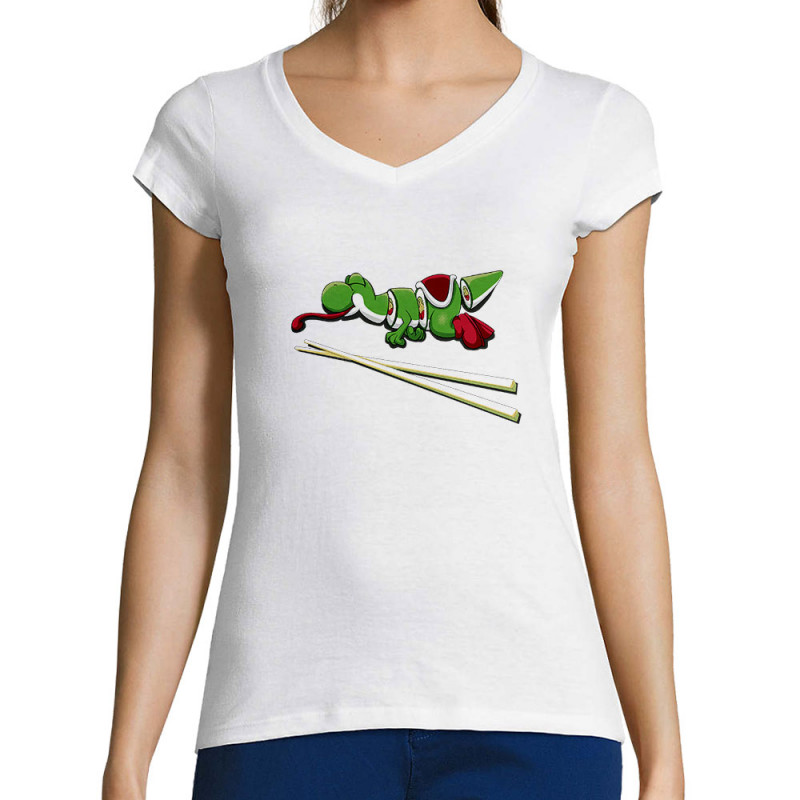 T-shirt femme col V blanc Yoshi Sushi (Mr Mouton,Jeux Vidéo / Geek)