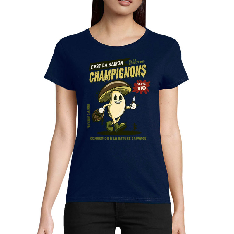 T-shirt femme coton bio bleu marine La saison des champignons (Mr Mouton,Fruits & Légumes)