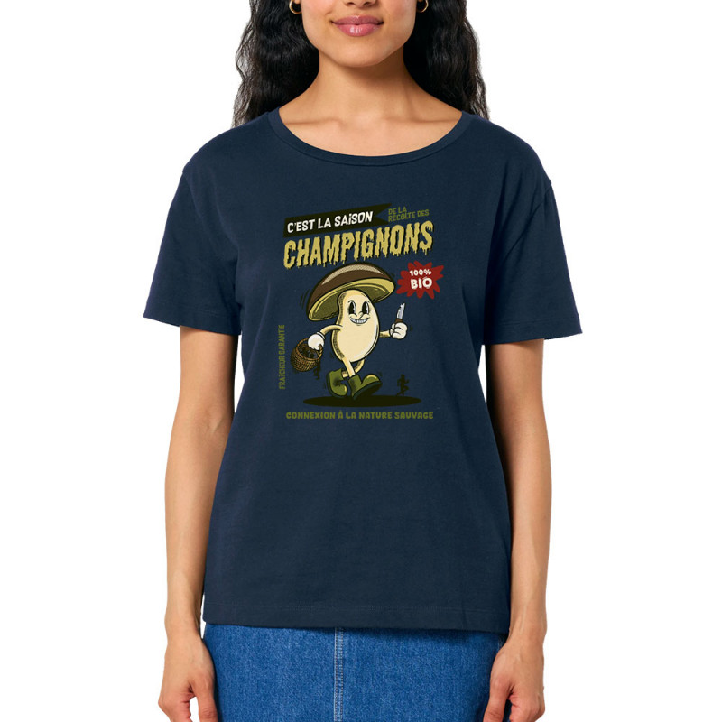 T-shirt femme col large coton bio bleu marine La saison des champignons (Mr Mouton,Fruits & Légumes)