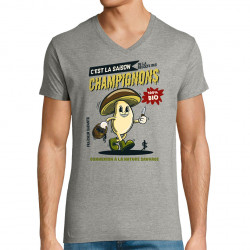 T-shirt homme col V gris chiné La saison des champignons (Mr Mouton,Fruits & Légumes)