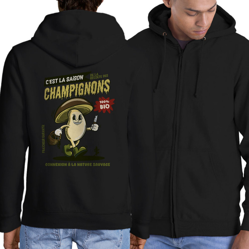 Sweat homme à capuche zippé noir La saison des champignons (Mr Mouton,Fruits & Légumes)