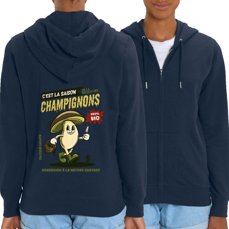 Sweat femme zippé à capuche coton bio bleu marine La saison des champignons (Mr Mouton,Fruits & Légumes)
