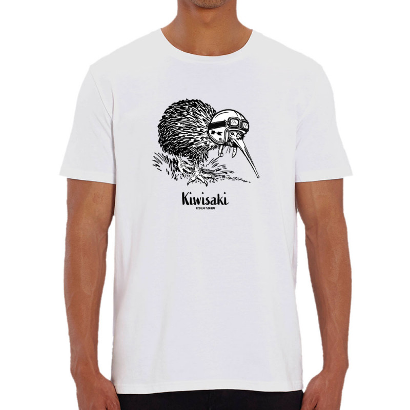 T-shirt homme coton bio blanc Kiwisaki (Gondrax,Les Bébêtes,Animaux,Moto)