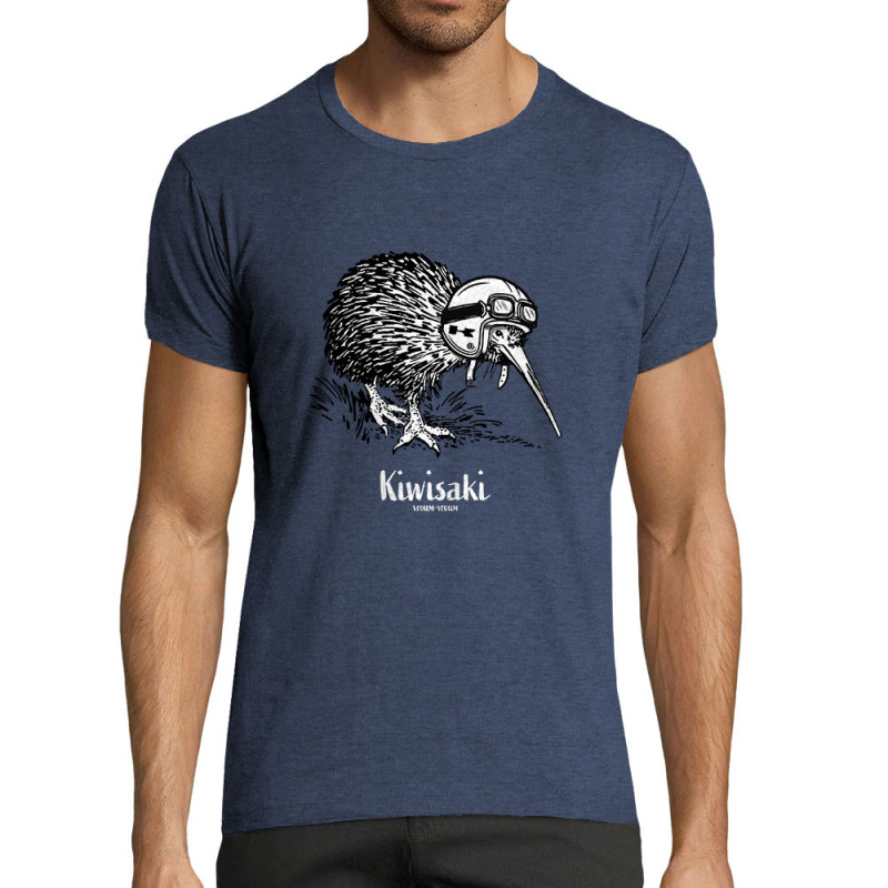T-shirt homme fit bleu denim chiné Kiwisaki (Gondrax,Les Bébêtes,Animaux,Moto)