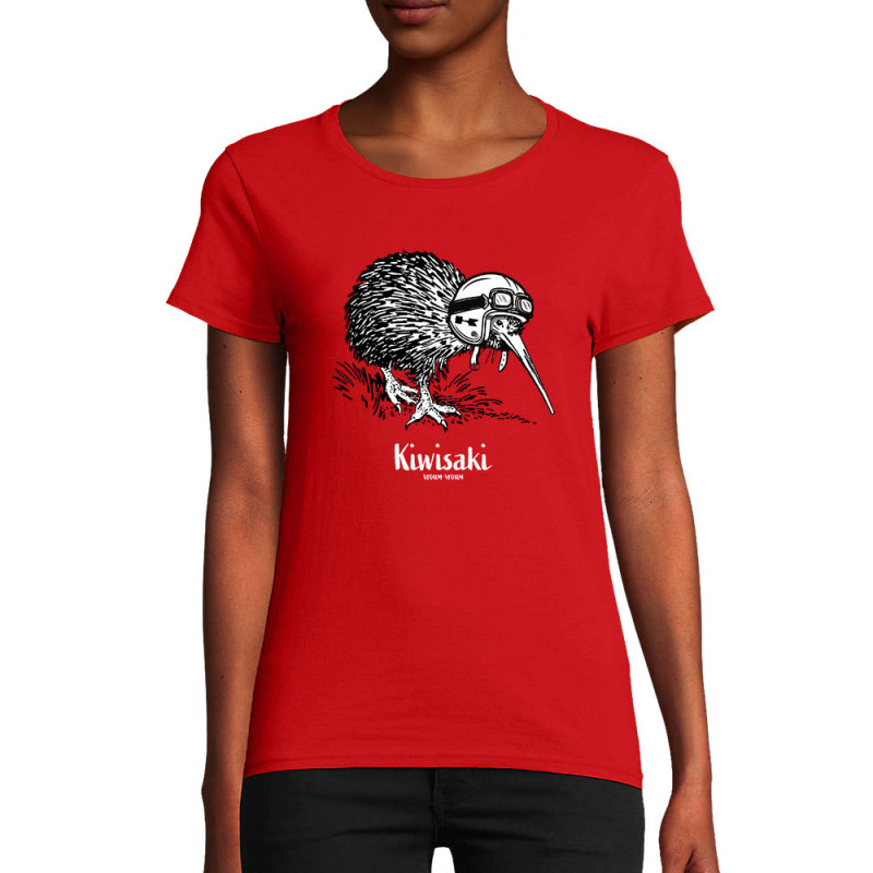 T-shirt femme coton bio rouge Kiwisaki (Gondrax,Les Bébêtes,Animaux,Moto)
