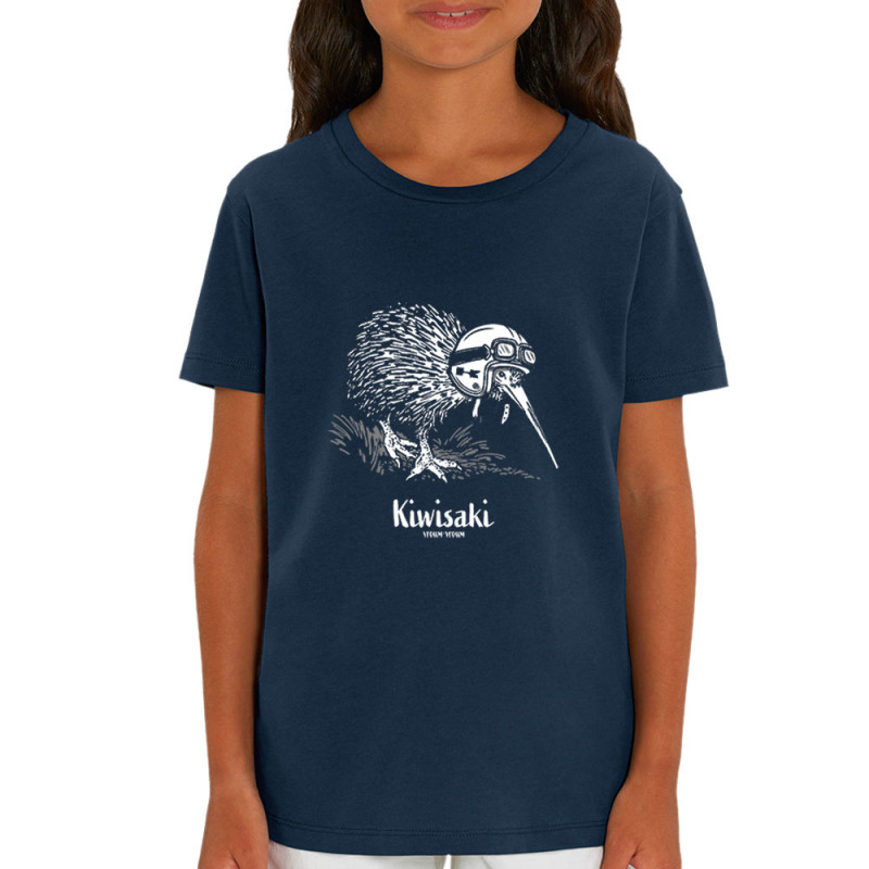 T-shirt enfant coton bio bleu marine Kiwisaki (Gondrax,Les Bébêtes,Animaux,Moto)