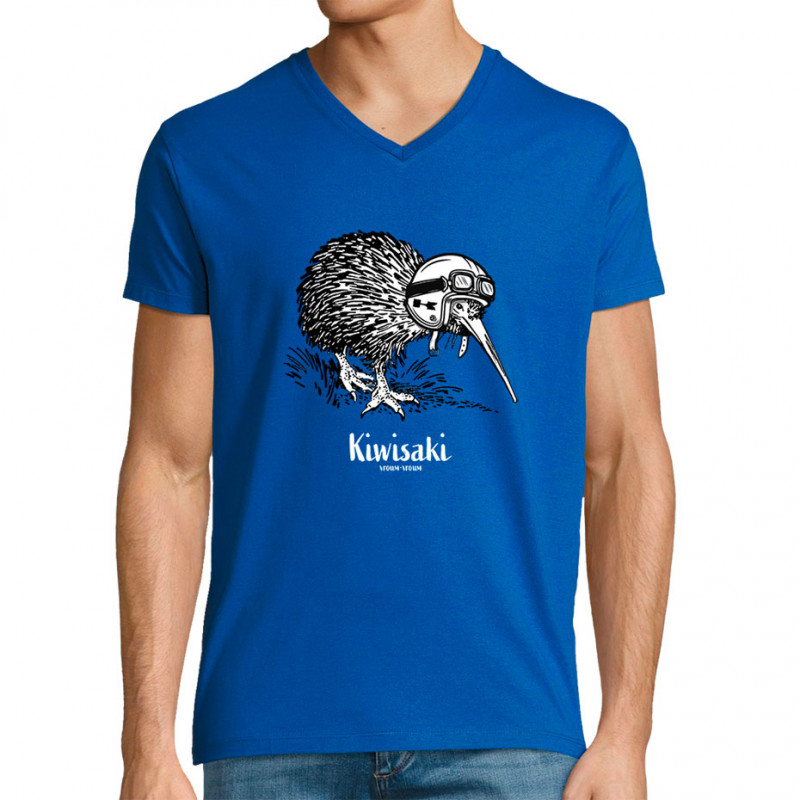T-shirt homme col V bleu royal Kiwisaki (Gondrax,Les Bébêtes,Animaux,Moto)