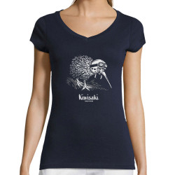 T-shirt femme col V bleu marine Kiwisaki (Gondrax,Les Bébêtes,Animaux,Moto)