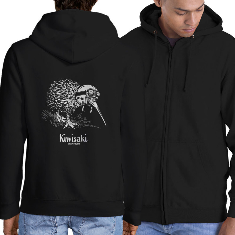 Sweat homme à capuche zippé noir Kiwisaki (Gondrax,Les Bébêtes,Animaux,Moto)