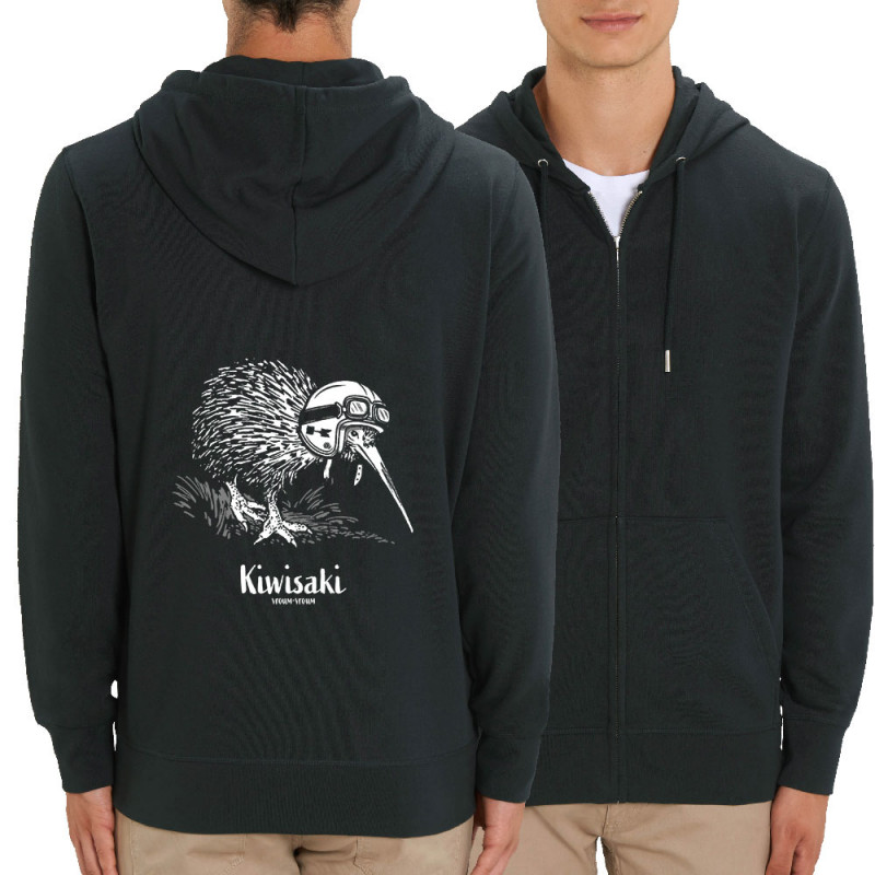 Sweat homme zippé à capuche coton bio noir Kiwisaki (Gondrax,Les Bébêtes,Animaux,Moto)