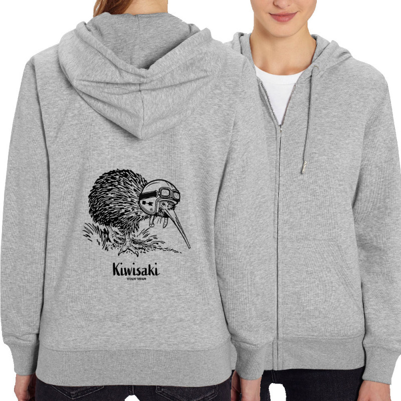 Sweat femme zippé à capuche coton bio gris chiné Kiwisaki (Gondrax,Les Bébêtes,Animaux,Moto)