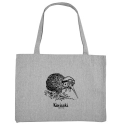 Grand sac shopping en toile recyclé gris chiné Kiwisaki (Gondrax,Les Bébêtes,Animaux,Moto)