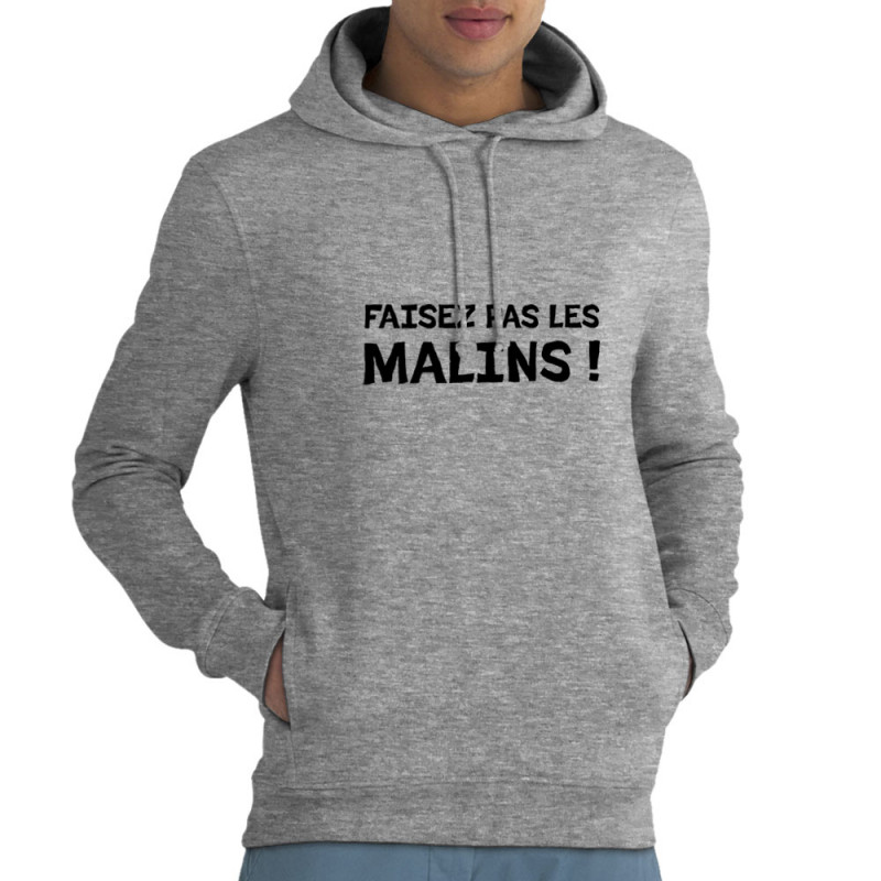 Sweat homme à capuche coton bio gris chiné Faisez pas les malins (Gondrax,Slogans Débiles)