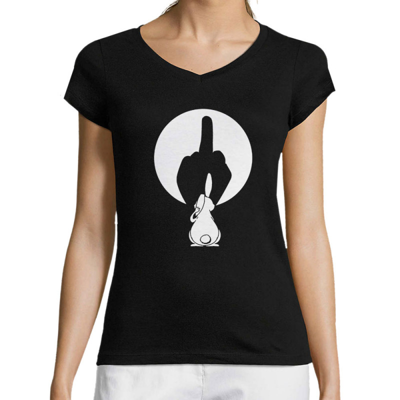 T-shirt femme col V noir Ombre chinoise (Gondrax,Animaux,Humour)
