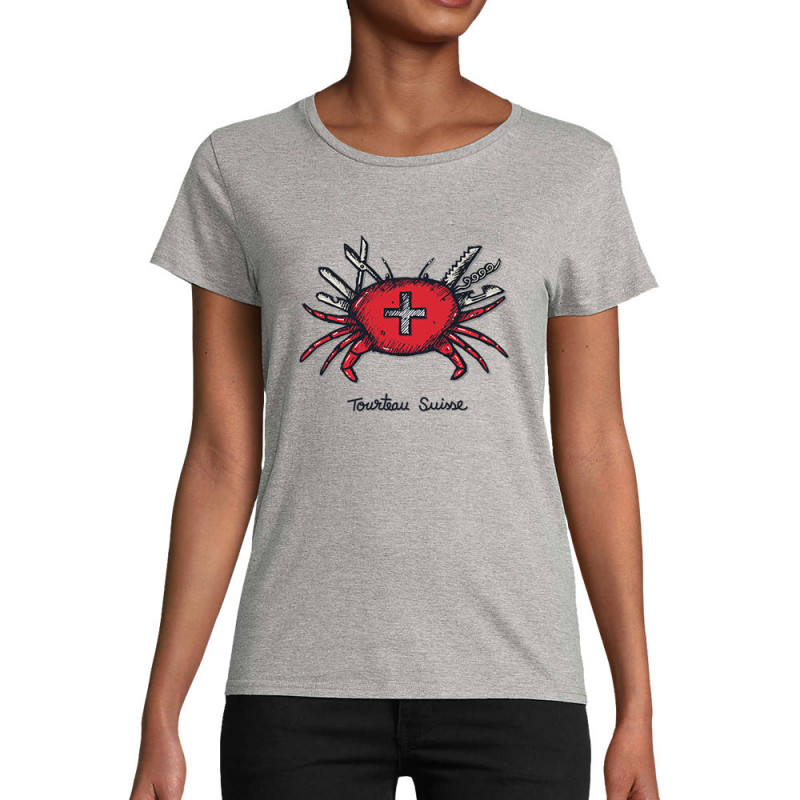 T-shirt femme coton bio gris chiné Tourteau suisse (Baxt,Animaux,Humour)