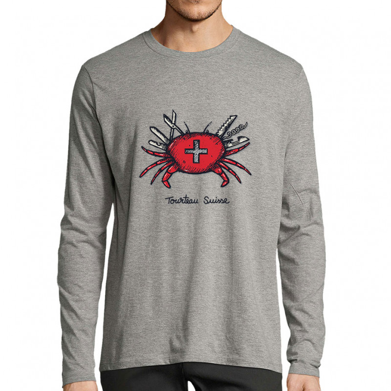 T-shirt homme manches longues gris chiné Tourteau suisse (Baxt,Animaux,Humour)