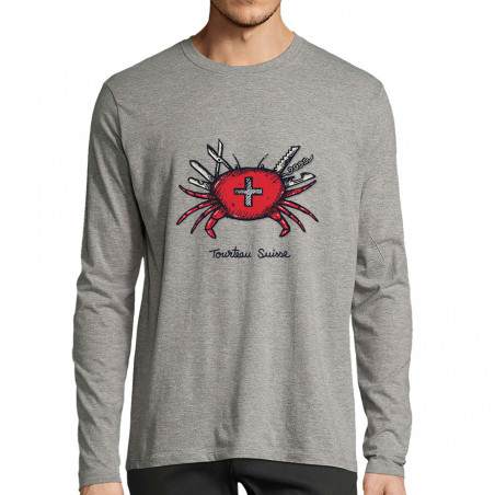 T-shirt homme manches longues gris chiné Tourteau suisse (Baxt,Animaux,Humour)