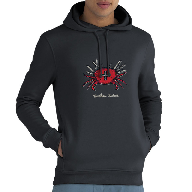 Sweat homme à capuche coton bio gris anthracite Tourteau suisse (Baxt,Animaux,Humour)