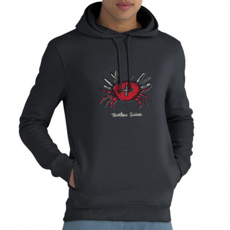 Sweat homme à capuche coton bio gris anthracite Tourteau suisse (Baxt,Animaux,Humour)