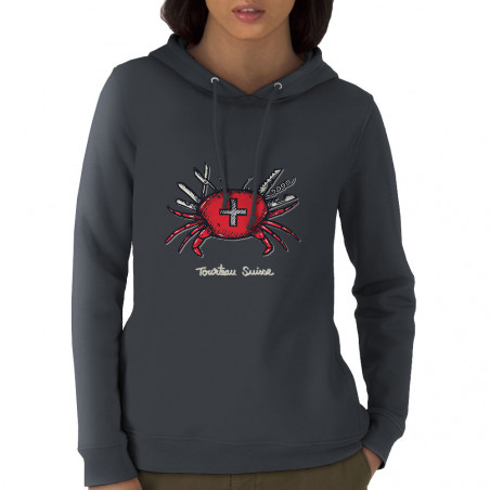 Sweat femme à capuche coton bio gris anthracite Tourteau suisse (Baxt,Animaux,Humour)