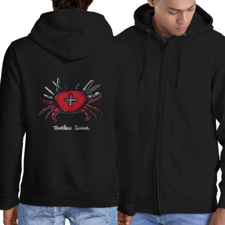 Sweat homme à capuche zippé noir Tourteau suisse (Baxt,Animaux,Humour)