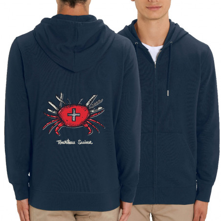 Sweat homme zippé à capuche coton bio bleu marine Tourteau suisse (Baxt,Animaux,Humour)