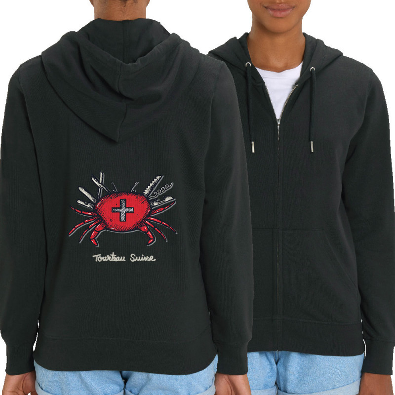 Sweat femme zippé à capuche coton bio noir Tourteau suisse (Baxt,Animaux,Humour)