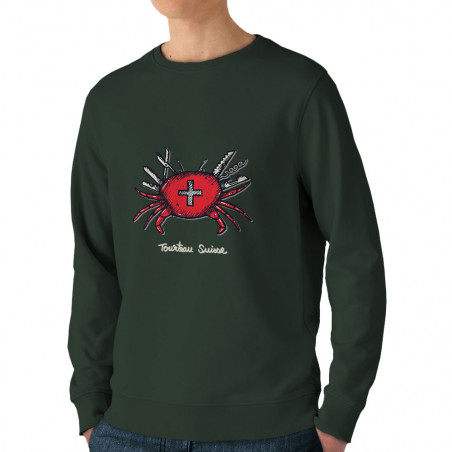 Sweat homme bio col rond vert foncé Tourteau suisse (Baxt,Animaux,Humour)