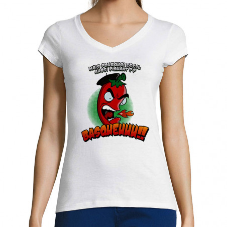 T-shirt femme col V blanc Basqueuuu (Ptit Mytho,Fruits & Légumes)