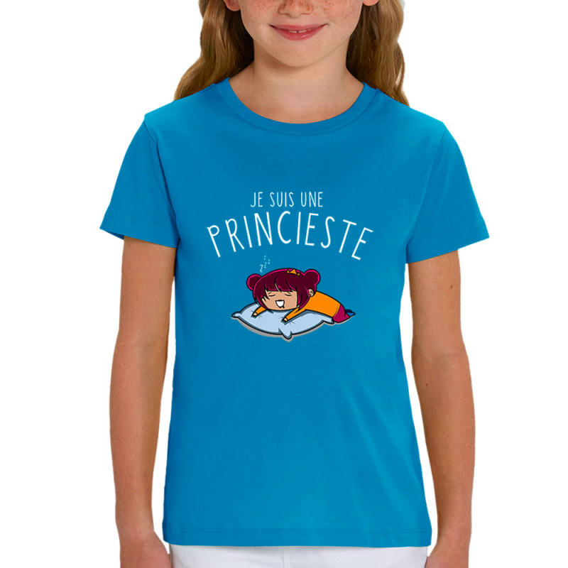 T-shirt enfant coton bio bleu azur Je suis une princieste (Ptit Mytho,Slogans Débiles)