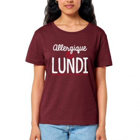 T-shirt femme col large coton bio bordeaux Allergique au lundi (Ptit Mytho,Humour)