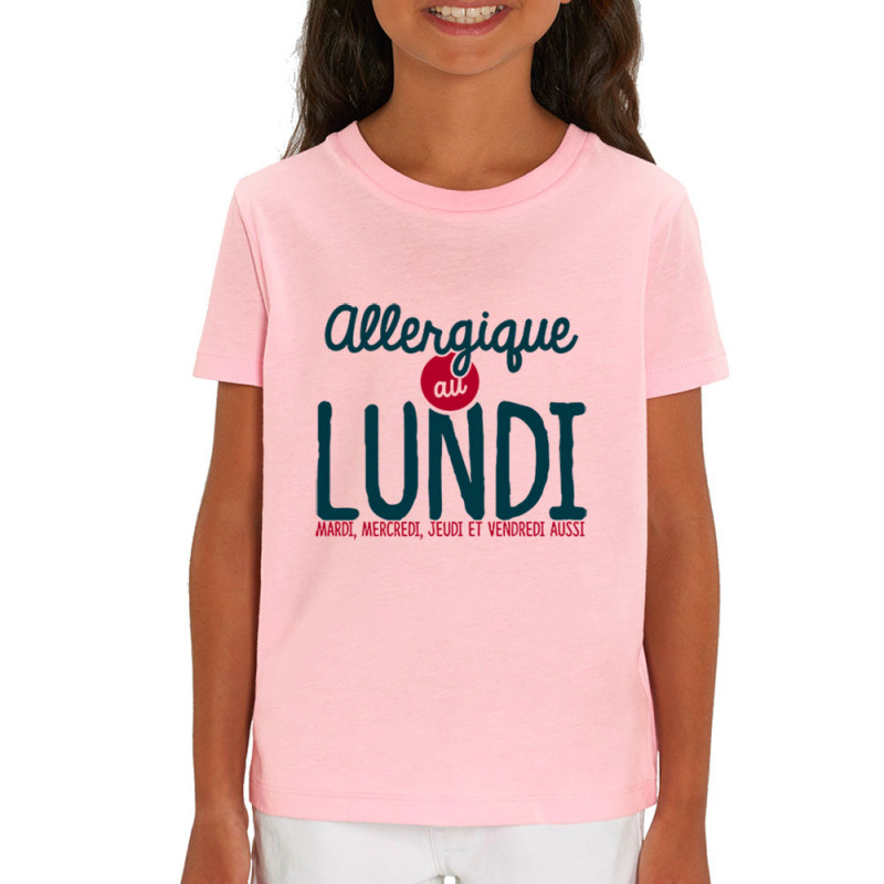T-shirt enfant coton bio rose clair Allergique au lundi (Ptit Mytho,Humour)