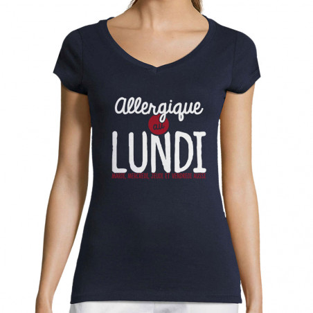 T-shirt femme col V bleu marine Allergique au lundi (Ptit Mytho,Humour)