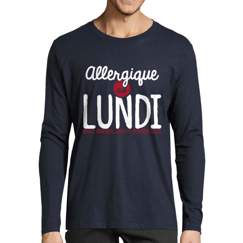 T-shirt homme manches longues bleu marine Allergique au lundi (Ptit Mytho,Humour)