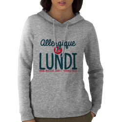 Sweat femme à capuche coton bio gris chiné Allergique au lundi (Ptit Mytho,Humour)