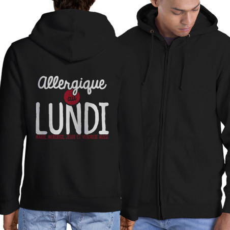 Sweat homme à capuche zippé noir Allergique au lundi (Ptit Mytho,Humour)