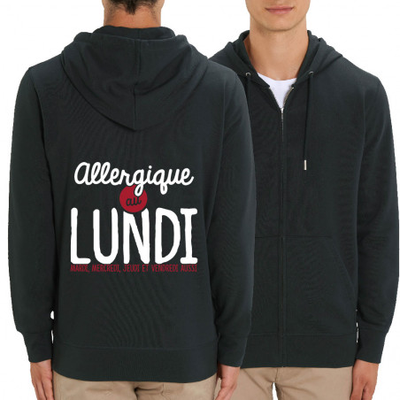 Sweat homme zippé à capuche coton bio noir Allergique au lundi (Ptit Mytho,Humour)