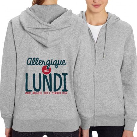 Sweat femme zippé à capuche coton bio gris chiné Allergique au lundi (Ptit Mytho,Humour)