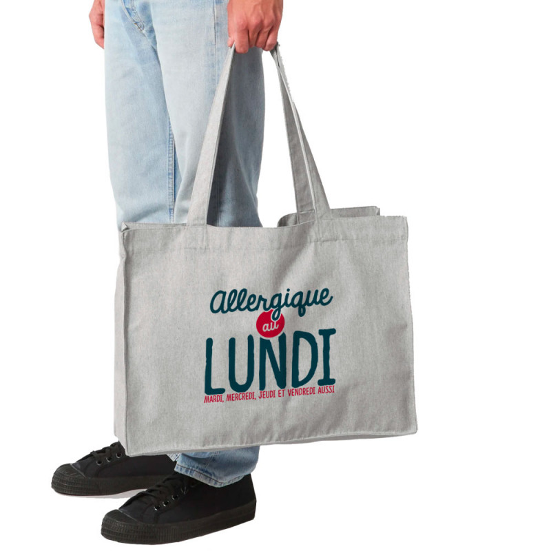 Grand sac shopping en toile recyclé gris chiné Allergique au lundi (Ptit Mytho,Humour)