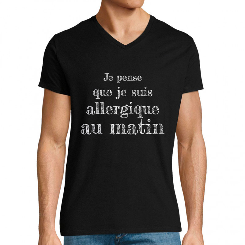 T-shirt homme col V noir Allergique au matin (Gondrax,Slogans Débiles)