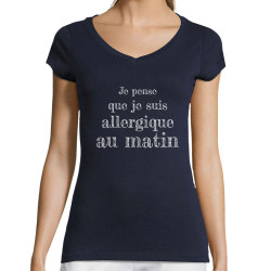 T-shirt femme col V bleu marine Allergique au matin (Gondrax,Slogans Débiles)