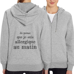 Sweat femme zippé à capuche coton bio gris chiné Allergique au matin (Gondrax,Slogans Débiles)