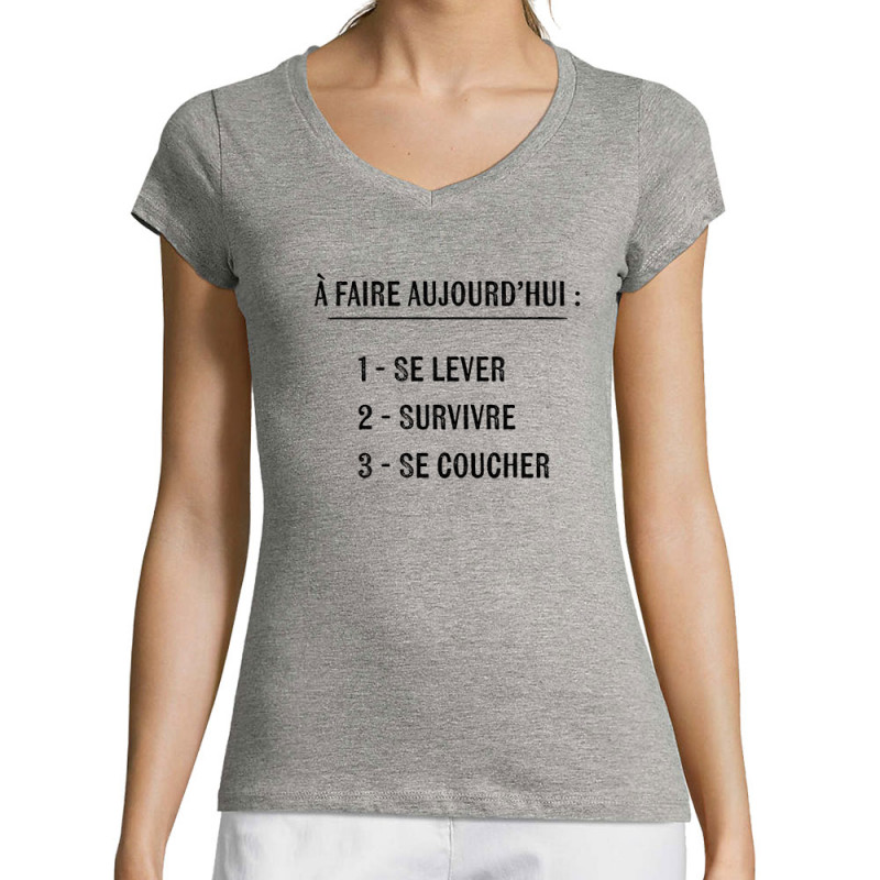 T-shirt femme col V gris chiné Survivre (Gondrax,Slogans Débiles)