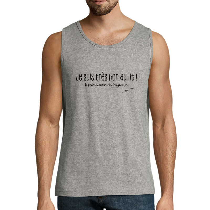 Débardeur homme gris chiné Je suis très bon au lit (Gondrax,Slogans Débiles,Humour)