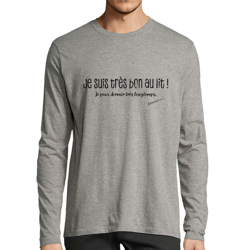 T-shirt homme manches longues gris chiné Je suis très bon au lit (Gondrax,Slogans Débiles,Humour)