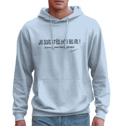 Sweat homme à capuche bleu ciel Je suis très bon au lit (Gondrax,Slogans Débiles,Humour)