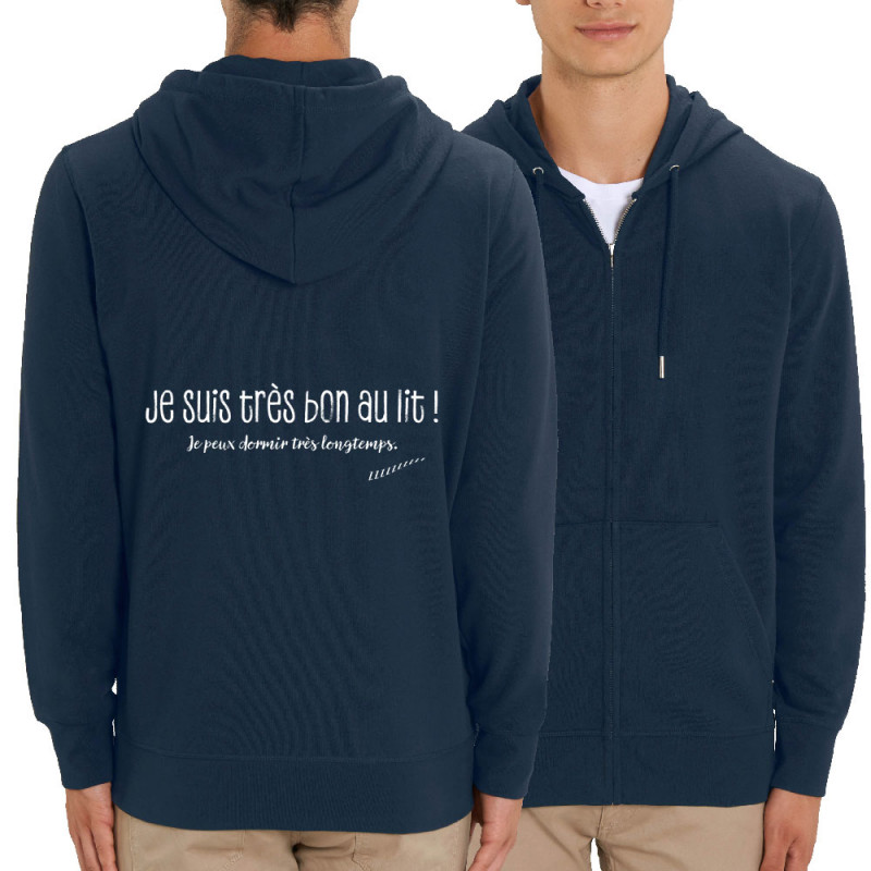 Sweat homme zippé à capuche coton bio bleu marine Je suis très bon au lit (Gondrax,Slogans Débiles,Humour)
