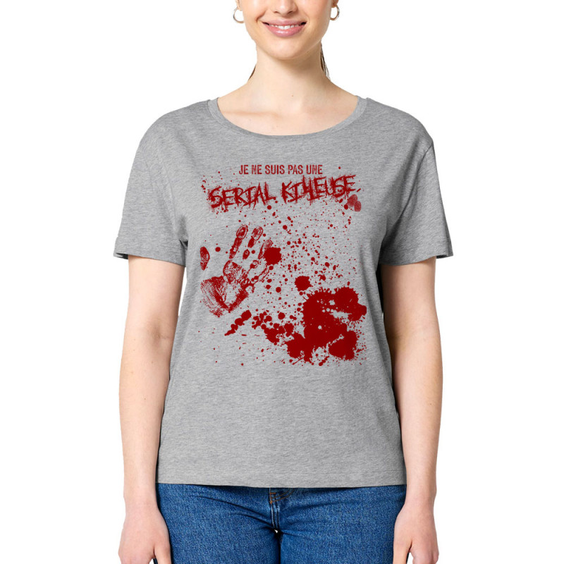 T-shirt femme col large coton bio gris chiné Je ne suis pas une Serial Killeuse (Gondrax,Humour,Slogans Débiles)