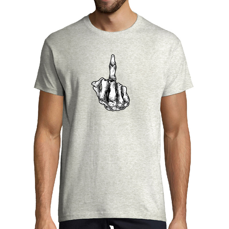 Tee-shirt homme blanc chiné Fuck squelette (Gondrax,Têtes de morts)