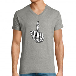 T-shirt homme col V gris chiné Fuck squelette (Gondrax,Têtes de morts)